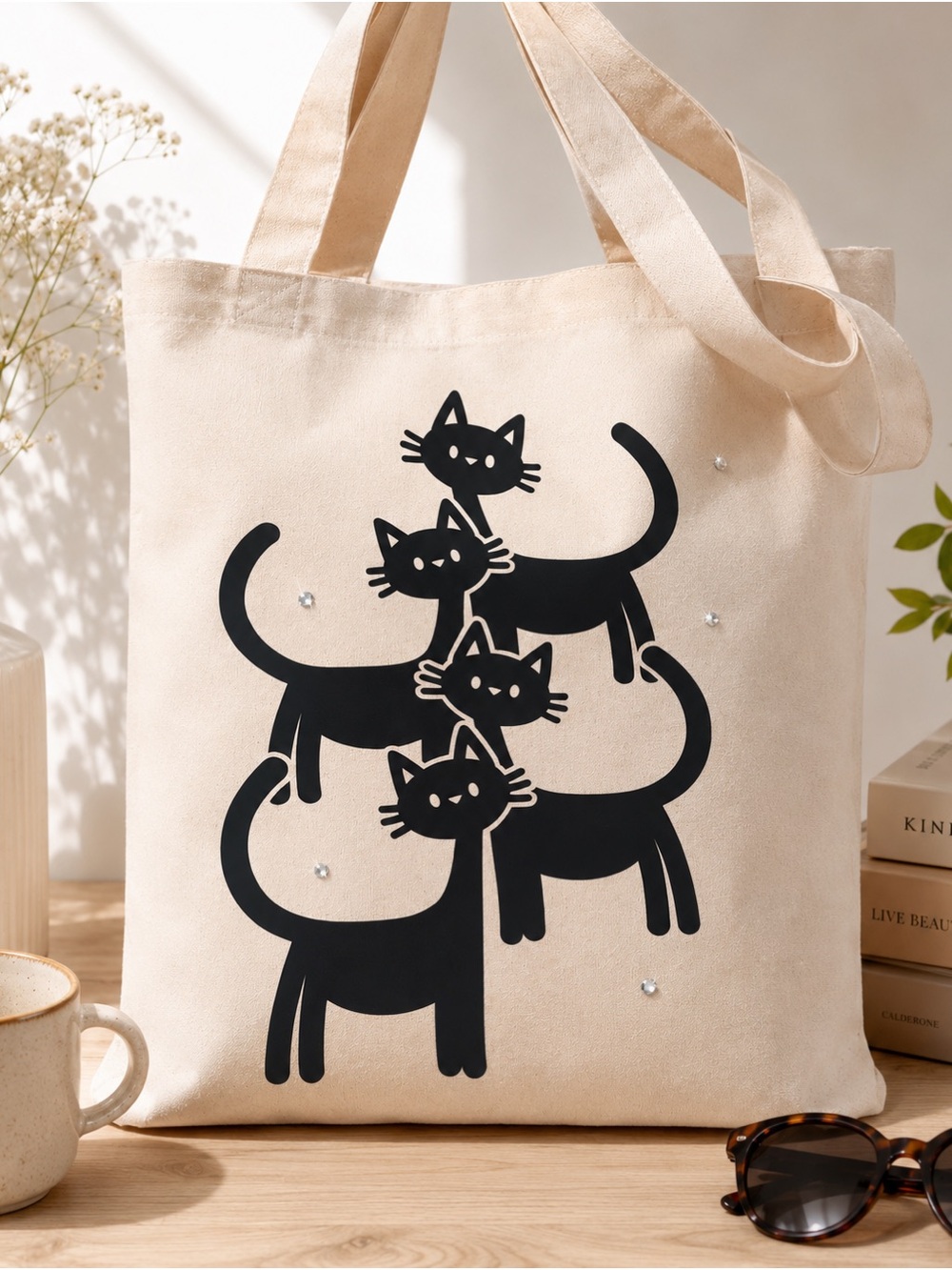 Cream Canvas Tote with Stacked Black Cat Design